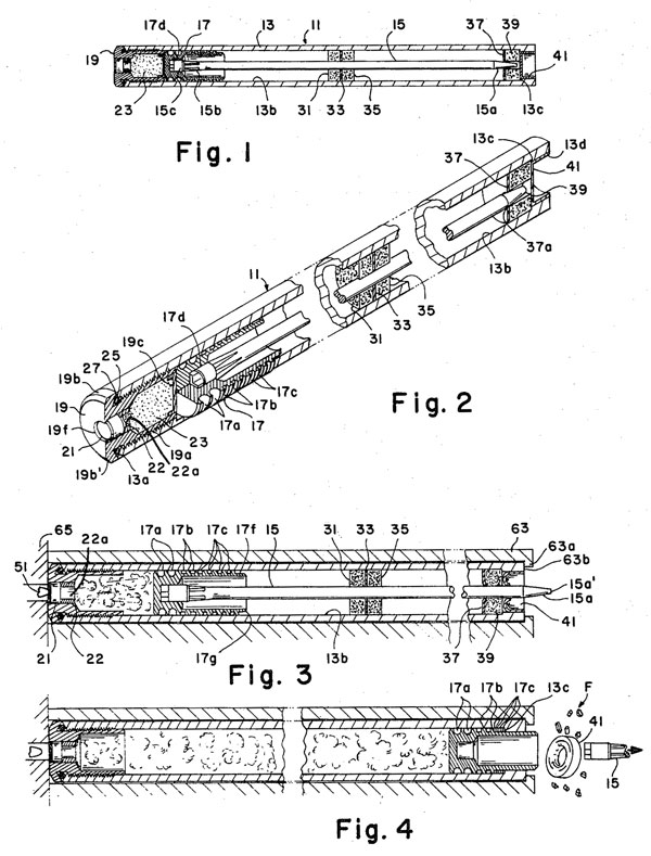  Бесшумный подводный патрон с запиранием пороховых газов для подводного пистолета конструкции Ирвина Барра, Лютервилля и Джона Критчера (патент США № 3476048 от 4 ноября 1969 г.)
