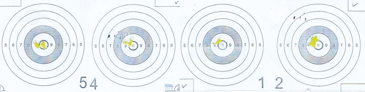  Результаты контрольного отстрела Cometa Orion (дистанция — 25 м, пуля JSB Heavy); в каждой мишени от 5 до 8 пуль 
