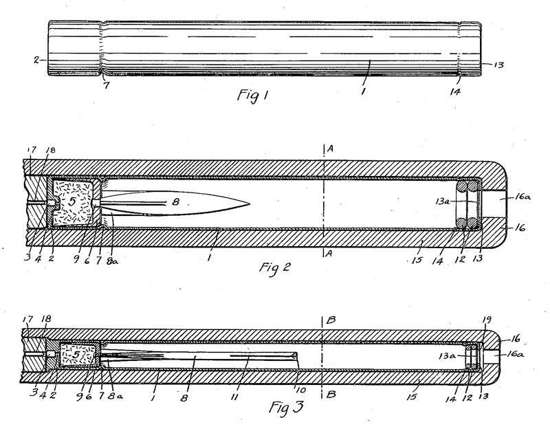  Бесшумные патроны Брэдфорда Б. Холмса со стреловидной пулей для ручного оружия (патент США № 1416828 от 23 мая 1922 г.)