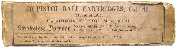  Картонная коробка на 20 патронов Ball Cartridge, Model of 1911, изготовленных компанией United States Cartridge Co. в 1917 г.