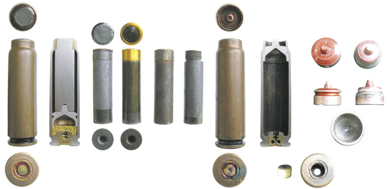  7,62-мм патроны СП-4: общий вид и разрез, пули патрона: штатная; пуля, покрытая лаком; пуля после выстрела; пуля без ведущего пояска; гильза патрона после выстрела (общий вид и разрез); алюминиевый толкатель до и после выстрела