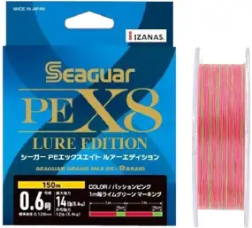 Шнур Seaguar Grandmax PE x8 Lure Edition 150m (red/lime green) #0.8/0.148mm 18lb/8.2kg