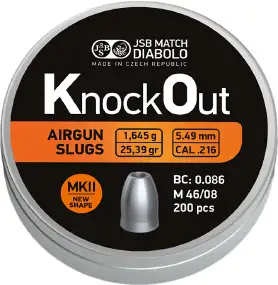 Кулі пневматичні JSB Diabolo KnockOut Slugs MKII. Кал. 5.49 мм. Вага - 1,645 г. 200 шт/уп