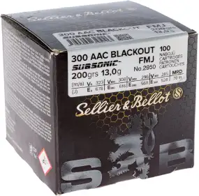 Патрон Sellier & Bellot Subsonic кал. 300 Whisper Blackout. Куля FMJ маса 13 г/200 гран. Поч. швидкість 323 м/з