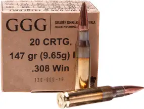 Патрон GGG кал .308 Win куля FMJ маса 9.65 грами/ 147 гран.  Поч. швидкість 842 м/c