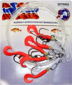 Оснастка морская Spro Norway Expedition Red Fish Rig4 JP RedGrub 7/0 1.0mm 950cm (твистеры)