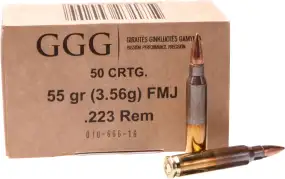 Патрон GGG кал .223 Rem пуля FMJ масса  3,56 грамма/ 55 гран. Нач. скорость 1015 м/с